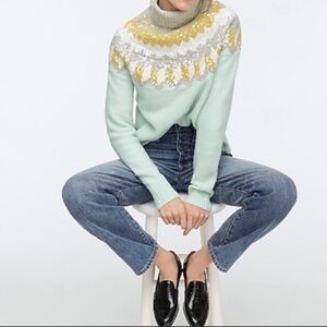 J Crew Sequined Fair Isle Sweater Womens XL Chunky Knit Turtleneck Mint Green